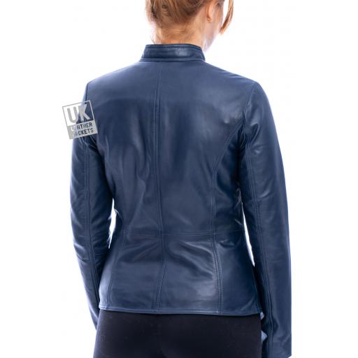 Women's Blue Leather Jacket - Leone - Back