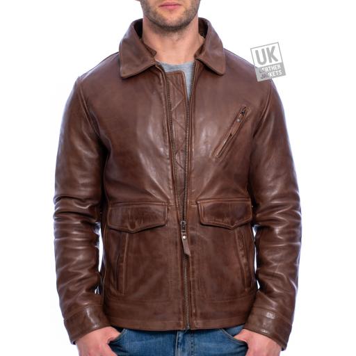 Mens Brown Leather Pilot Jacket - Harrier - Leather Fold Down Collar