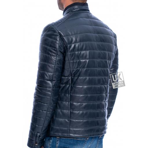 Mens Navy Blue Leather Jacket - Ultra Light Quilted - Back