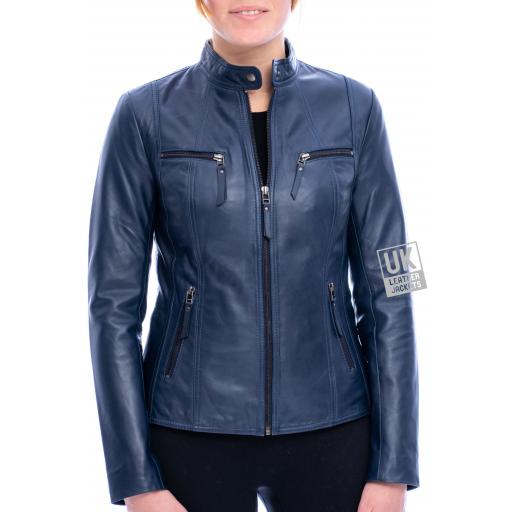 Women's Blue Leather Jacket - Leone - Front 2