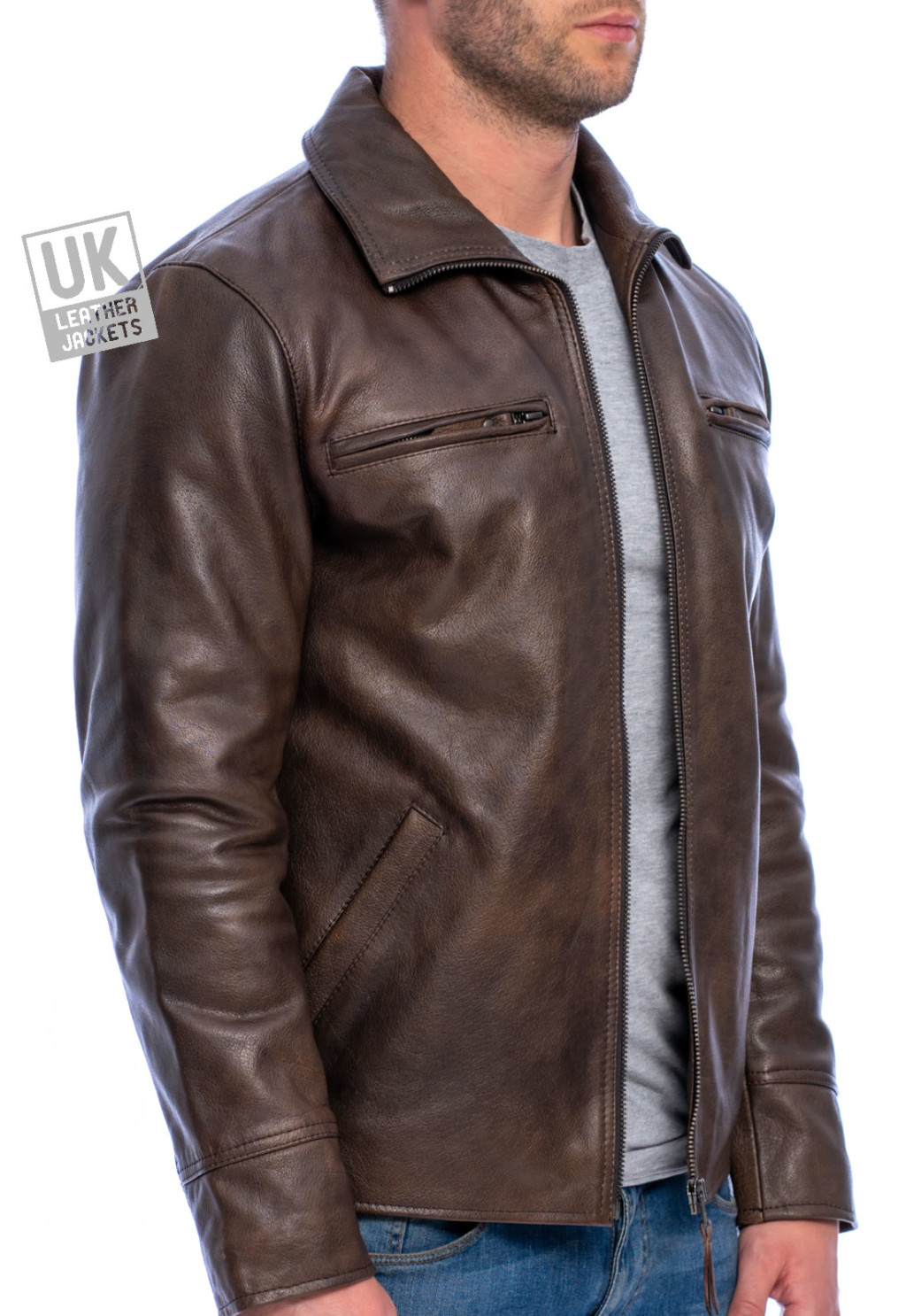 Mens Chestnut Brown Leather Jacket - Classic Zip Buffalo Hide | Free UK Delivery