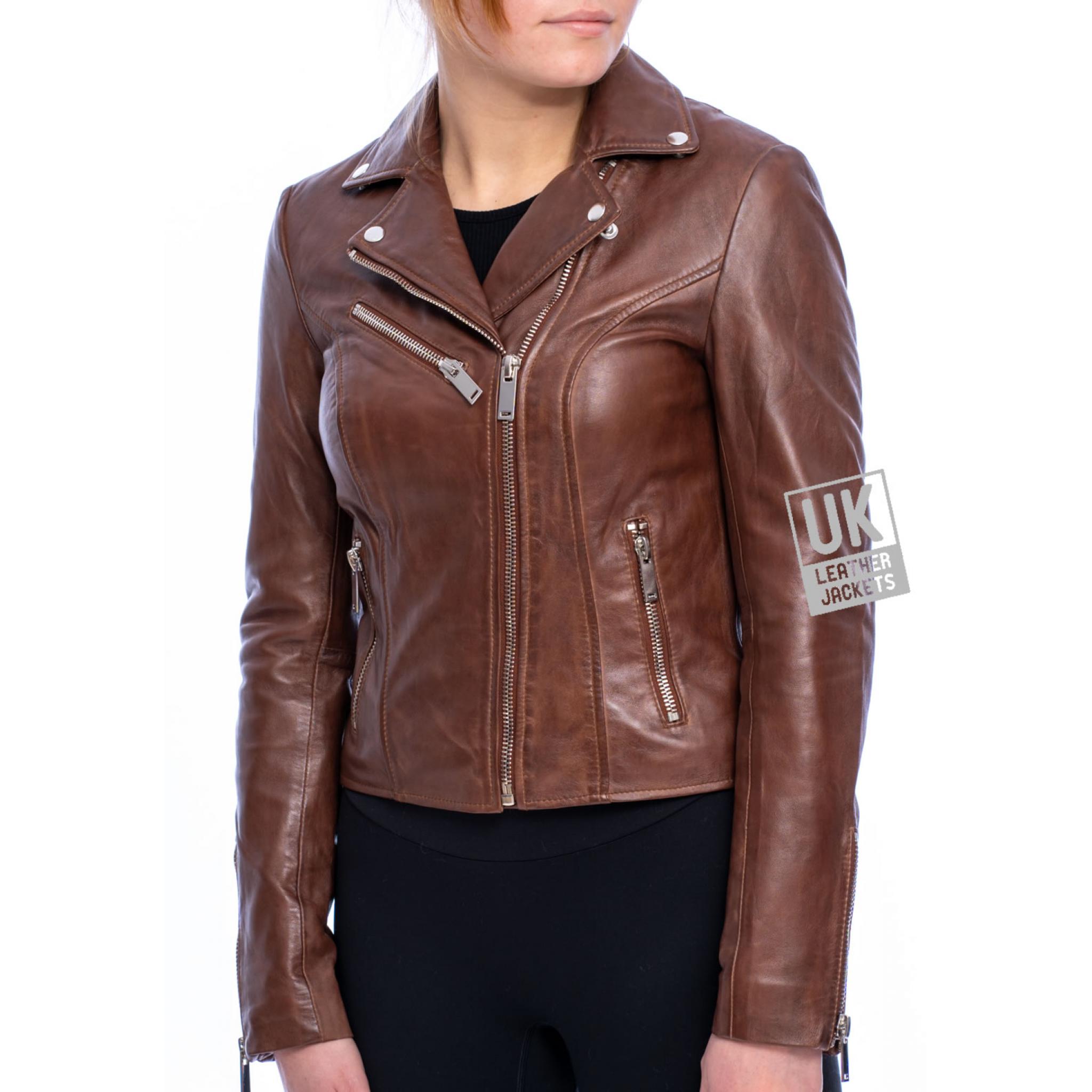 Womens Dark Tan Leather Biker Jacket - Eden | UK Leather Jackets