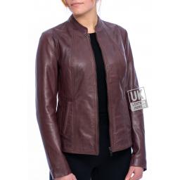 Womens Leather Jacket - Luxor II - Burgundy - Front Unzipped