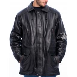 Men's Black Leather Parka Coat - Veron - Hand Warmer Pockets