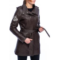 Womens Brown Leather Coat - Asymmetric Zip - Berlin - Funnel Neck Collar