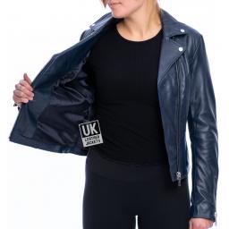 Womens Navy Blue Leather Biker Jacket - Eden - Lining