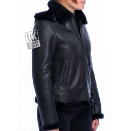 Womens Black Sheepskin Flying Jacket - Geneva - Detachable Hood - Side