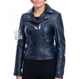 Womens Navy Blue Leather Biker Jacket - Eden - Front