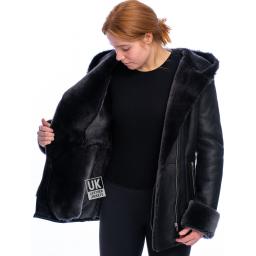 Womens Black Hooded Sheepskin Coat - Hip Length - Falon - Wool Lining