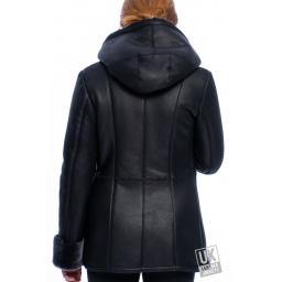 Womens Black Hooded Sheepskin Coat - Hip Length - Falon - Back