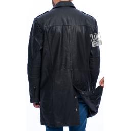 Mens Black Leather Trench Coat - Rear Vent