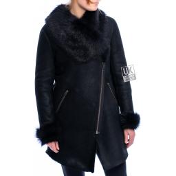 Womens Black Sheepskin Coat with Toscana Collar & Cuffs - Asymmetric Zip - Front