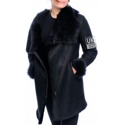 Womens Black Sheepskin Coat with Toscana Collar & Cuffs - Asymmetric Zip - Front 3