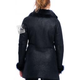 Womens Black Sheepskin Coat with Toscana Collar & Cuffs - Asymmetric Zip - Back