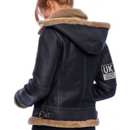 Womens Brown Sheepskin Flying Jacket - Geneva - Detachable Hood - Back