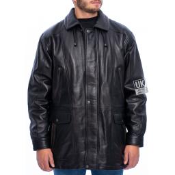 Men's Black Leather Parka Coat - Veron - Front