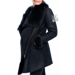 Womens Black Sheepskin Coat with Toscana Collar & Cuffs - Asymmetric Zip - Side 1