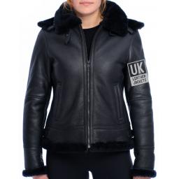 Womens Black Sheepskin Flying Jacket - Geneva - Detachable Hood - Front