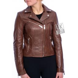 Womens Dark Tan Leather Biker Jacket – Eden - Front