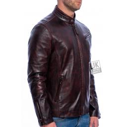 Men's Burgundy Leather Biker Jacket - Invictus