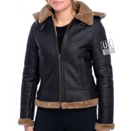 Womens Brown Sheepskin Flying Jacket - Geneva - Detachable Hood - Front