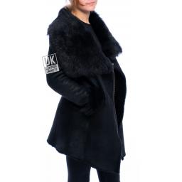 Womens Black Sheepskin Coat with Toscana Collar & Cuffs - Asymmetric Zip - Side 2