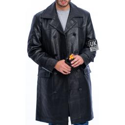 Mens Black Leather Trench Coat - Double Breasted - Front 2