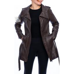 Womens Brown Leather Coat - Asymmetric Zip - Berlin - Unzipped