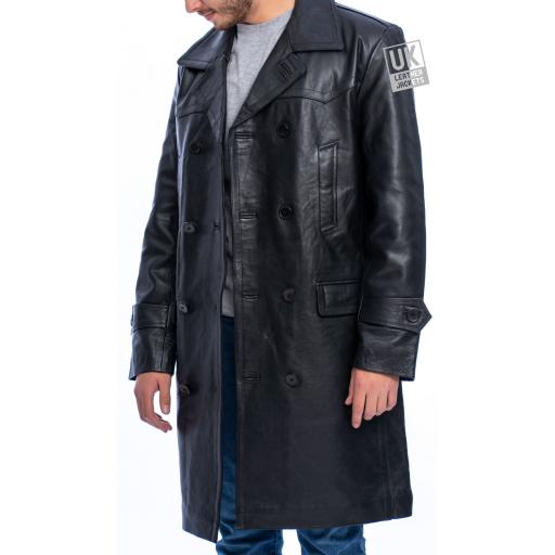 Mens Black Leather Trench Coat - Double Breasted