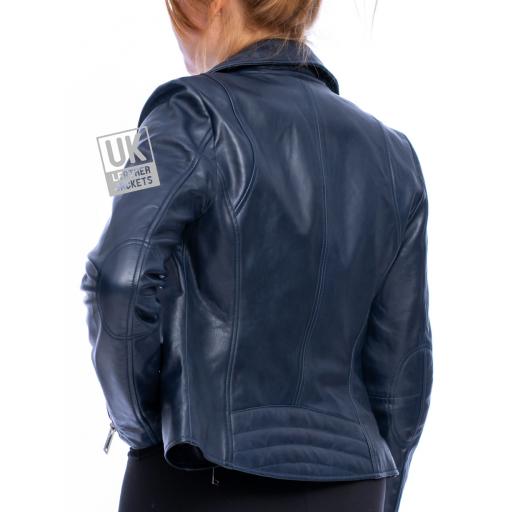 Womens Navy Blue Leather Biker Jacket - Eden - Back