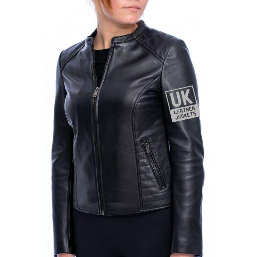 Womens Black Leather Jacket - Purdy - Front Zip