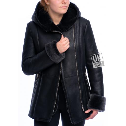 Womens Black Hooded Sheepskin Coat - Hip Length - Falon - Side Zip