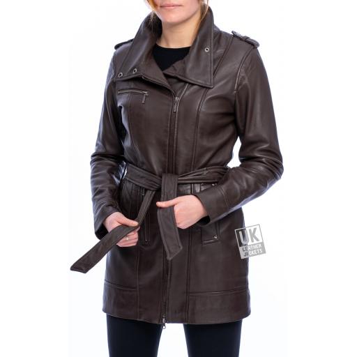 Womens Brown Leather Coat - Asymmetric Zip - Berlin - Tie Belt