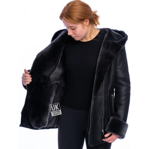 Womens Black Hooded Sheepskin Coat - Hip Length - Falon - Wool Lining