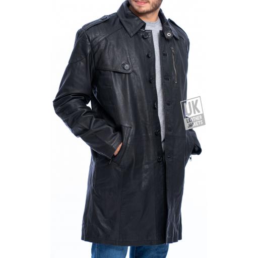 Mens Black Leather Trench Coat - Button Front