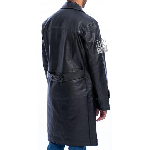 Mens Black Leather Trench Coat - Double Breasted - Back