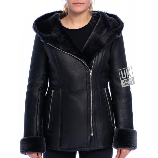 Womens Black Hooded Sheepskin Coat - Hip Length - Falon - Front