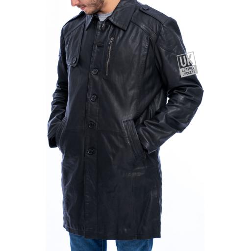 Mens Black Leather Trench Coat - Chest Zip Pocket & Waist Slot Pockets