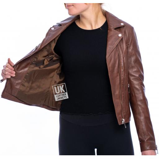 Womens Dark Tan Leather Biker Jacket – Eden - Lining