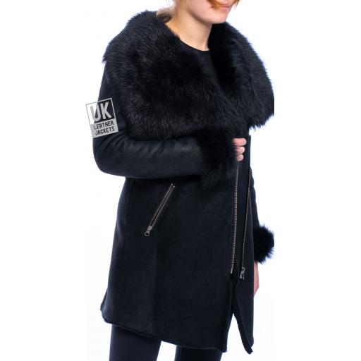 Womens Black Sheepskin Coat with Toscana Collar & Cuffs - Asymmetric Zip - Front 2
