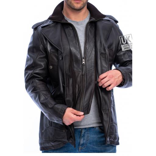 Mens Brown Leather Coat Bernie - Zip Out Additional Collar