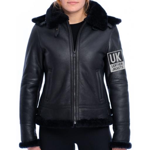 Womens Black Sheepskin Flying Jacket - Geneva - Detachable Hood - Front