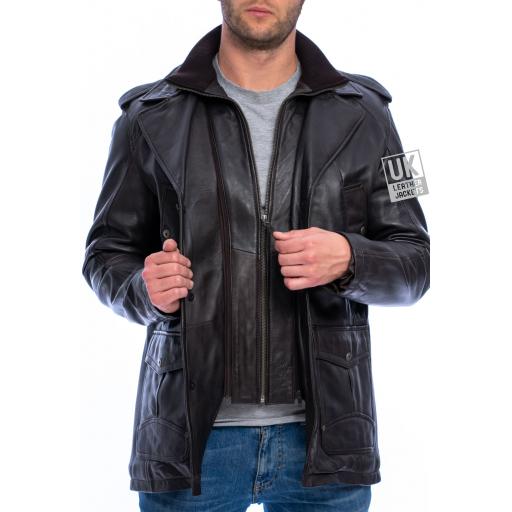 Mens Brown Leather Coat Bernie - Zip Out Front