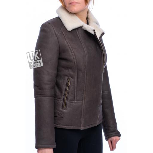 Womens Brown Sheepskin Flying Jacket - Sierra - Side Pockets