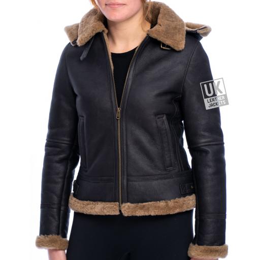 Womens Brown Sheepskin Flying Jacket - Geneva - Detachable Hood - Front