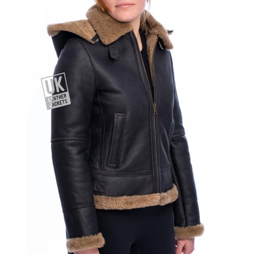 Womens Brown Sheepskin Flying Jacket - Geneva - Detachable Hood - Front 