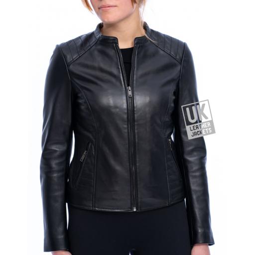 Womens Black Leather Jacket - Purdy - Front