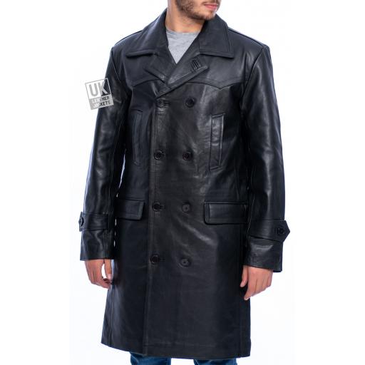 Mens Black Leather Trench Coat - Double Breasted - Front Button Fastening