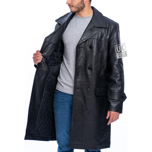 Mens Black Leather Trench Coat - Double Breasted - Black Lining