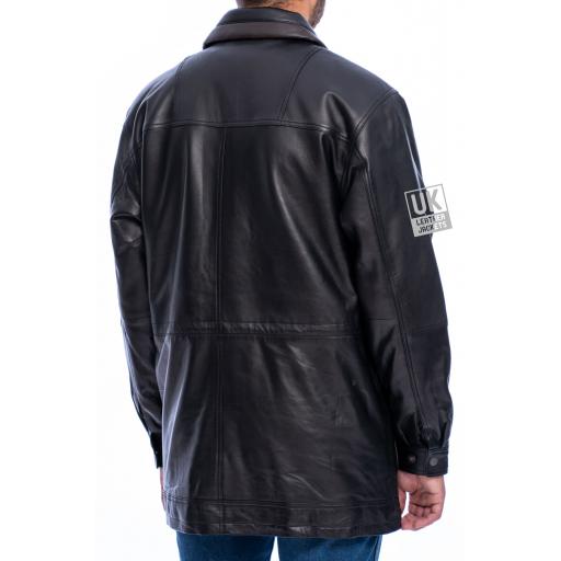Men's Black Leather Parka Coat - Veron - Back